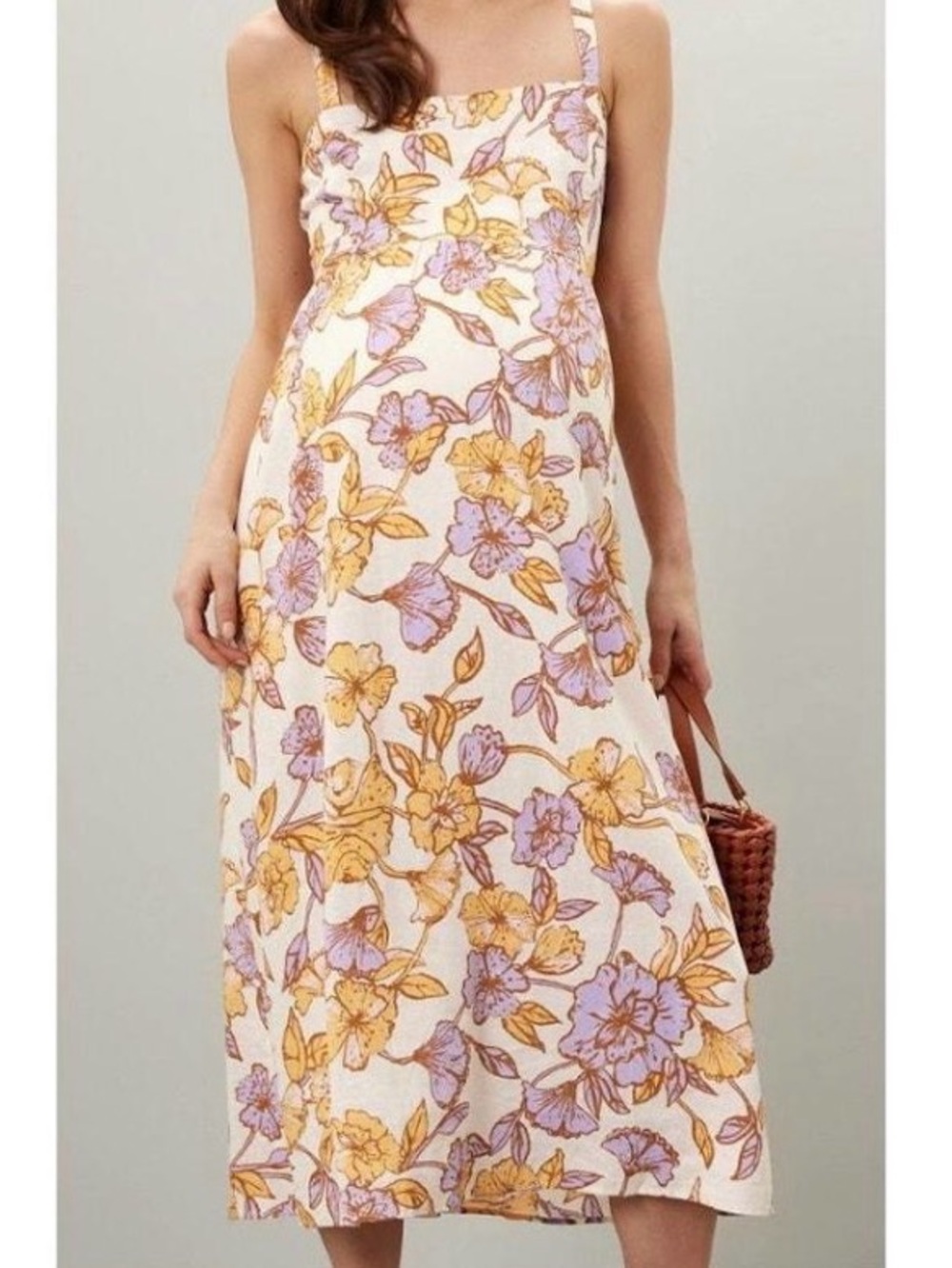 Ripe Maternity Midi Dress with Yellow & Lilac Floral Pattern